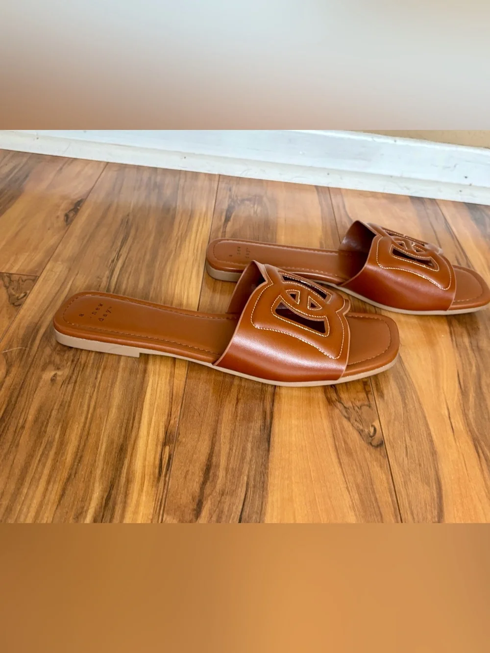 A New Day Camel Cognac Sandals Black Suede Pointed Flats size 11 - Picture 8 of 9